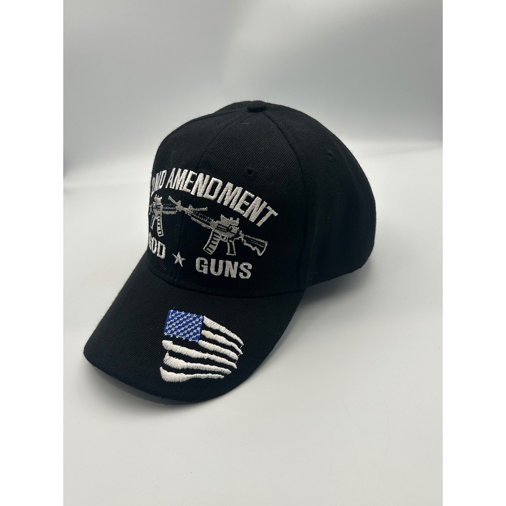 2nd Amendment God Guns Baseball Hat Black Embroidered Blue Line Flag Cap - Picture 1 of 4